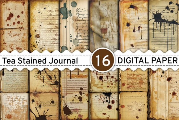 Tea Stained Junk Journal Ledger Papers Graphic Backgrounds By design studio3