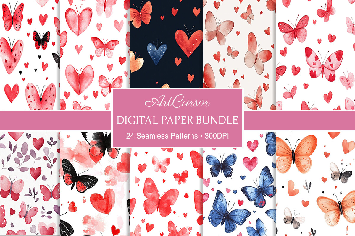 Valentine Hearts Butterfly Digital Paper Graphic by ArtCursor ...