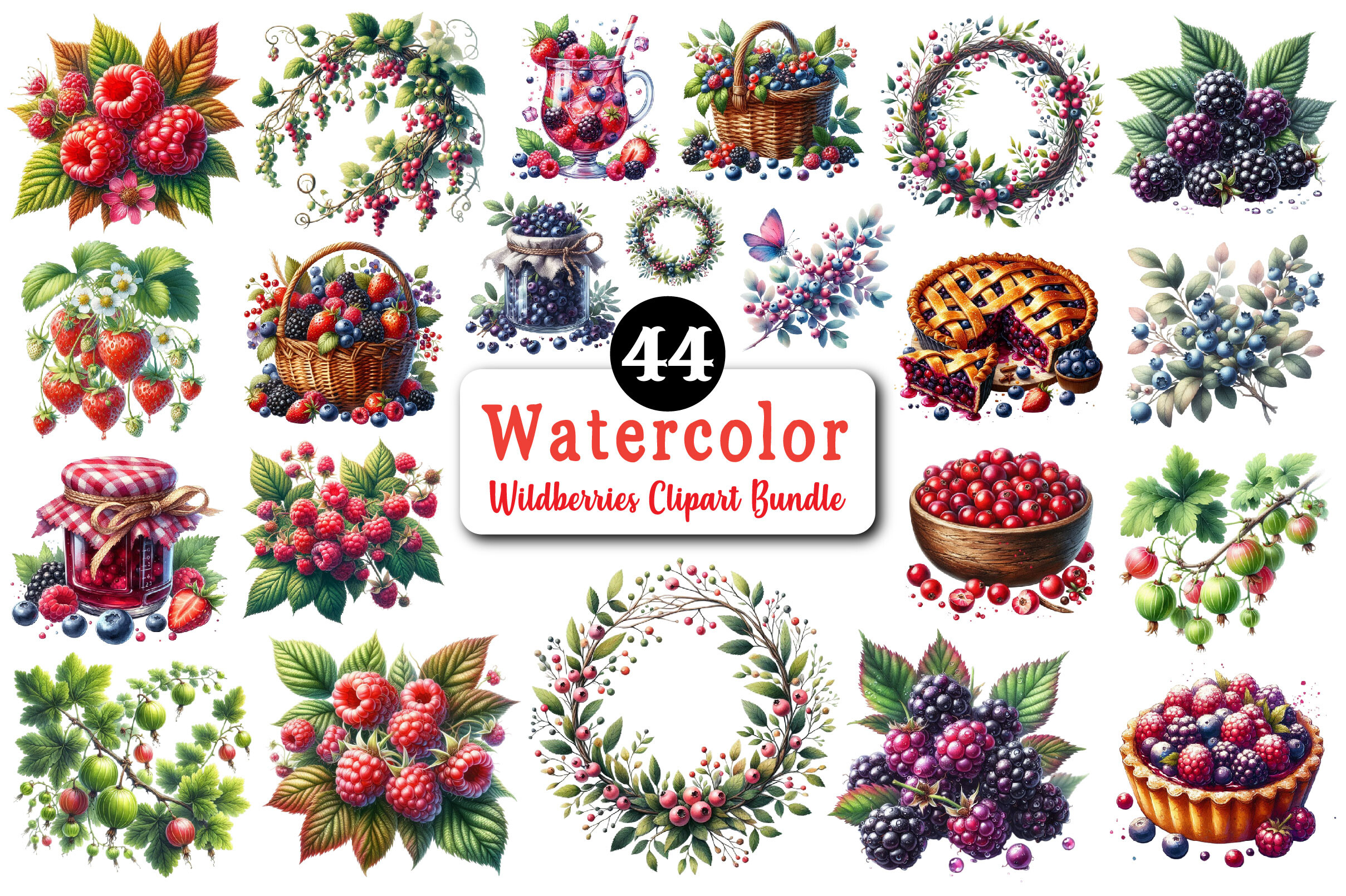 Watercolor Wildberries Clipart Bundle Graphic by Design Market ...