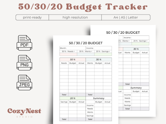 50/30/20 Monthly Budget Planner A4 A5