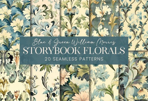 Blue Green Art Nouveau Fairytale Florals