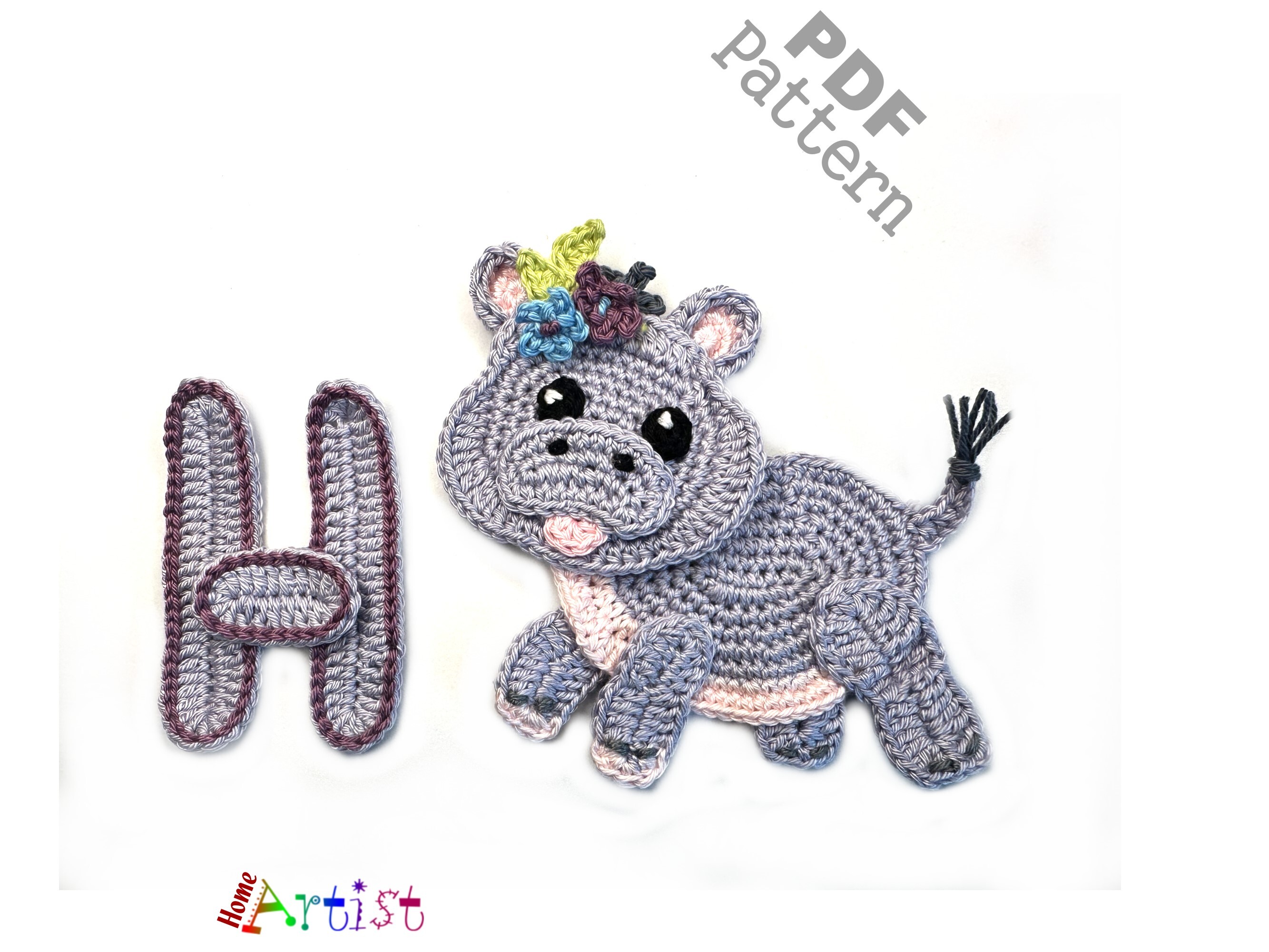 Crochet Animal Letter H Hippo Applique