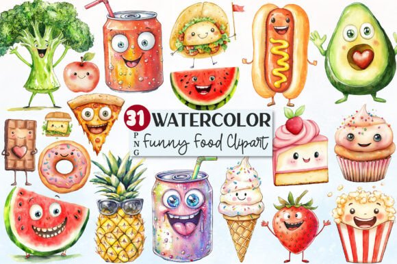 Funny Watercolor Food Characters Clipart Graphic by Rose Art · Creative ...