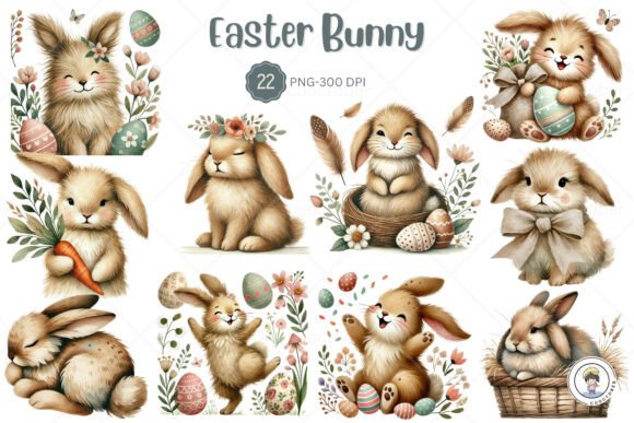 Watercolor Cute Easter Bunnies Rabbit