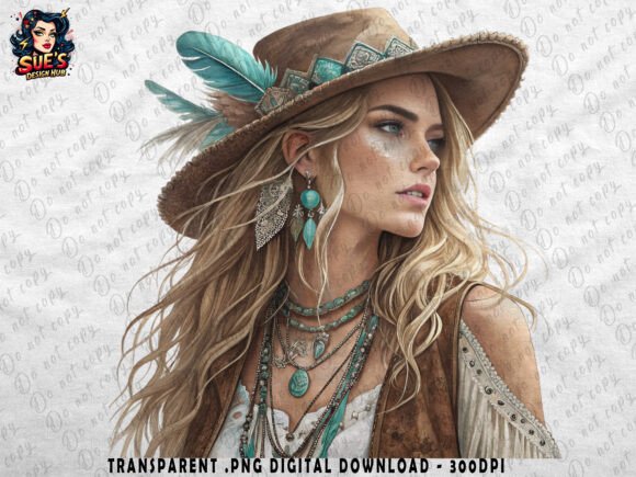 Boho Cowgirl with Turquoise Jewelry Graphic Illustrations By Sue Opperman Designs