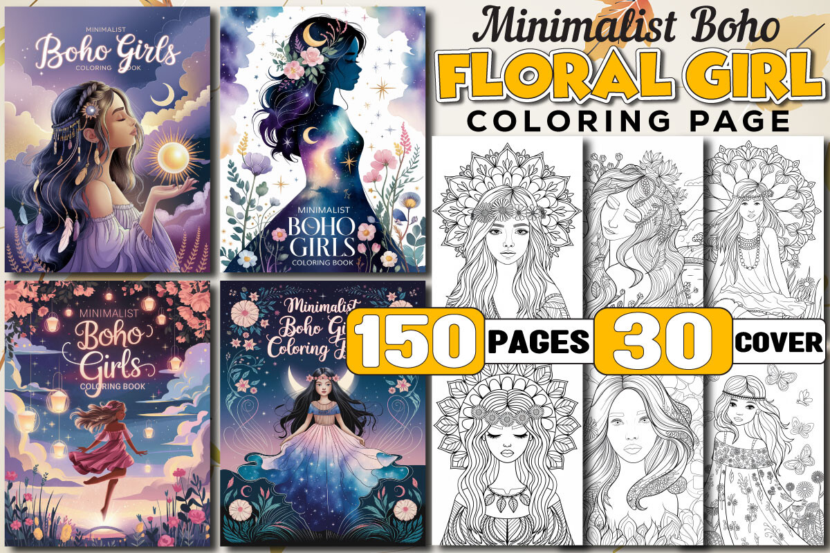 Minimalist Boho Floral Girl Coloring