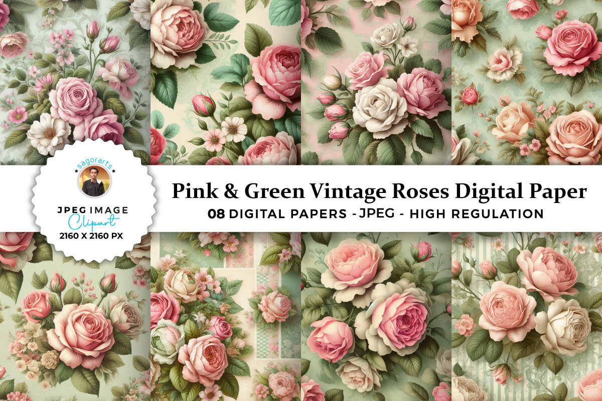 Pink & Green Vintage Roses Digital Paper Graphic by sagorarts ...