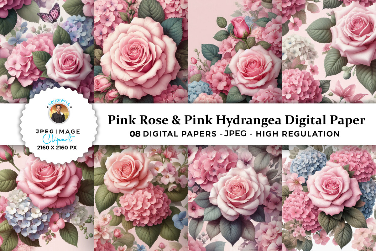 Pink Rose & Pink Hydrangea Digital Paper Graphic by sagorarts ...