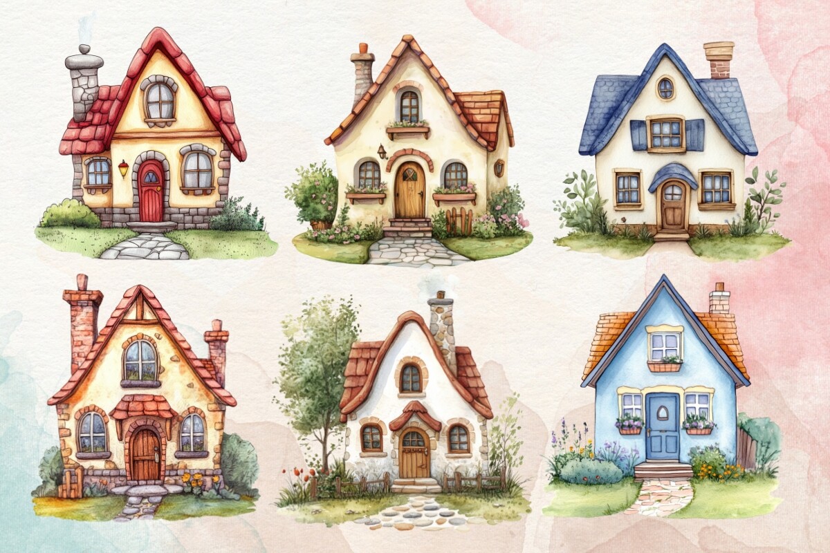 Watercolor Tiny Houses Clipart Bundle Graphic by creative design studio ...