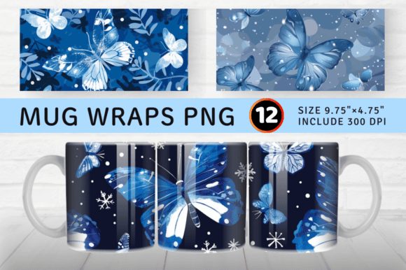 Winter Blue Butterfly Mug Wrap Sublimati Graphics