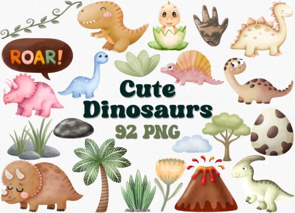 Cute Watercolor Dinosaur Clipart Set