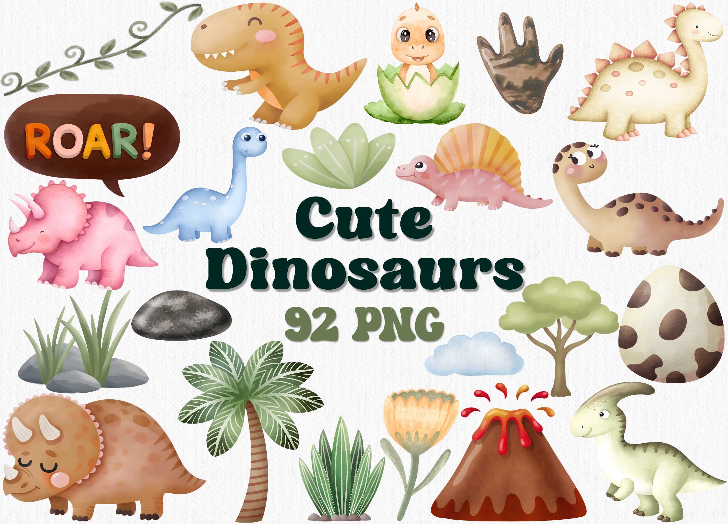 Cute Watercolor Dinosaur Clipart Set