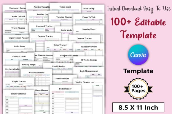 100 plus editable Canva planner and tracker templates