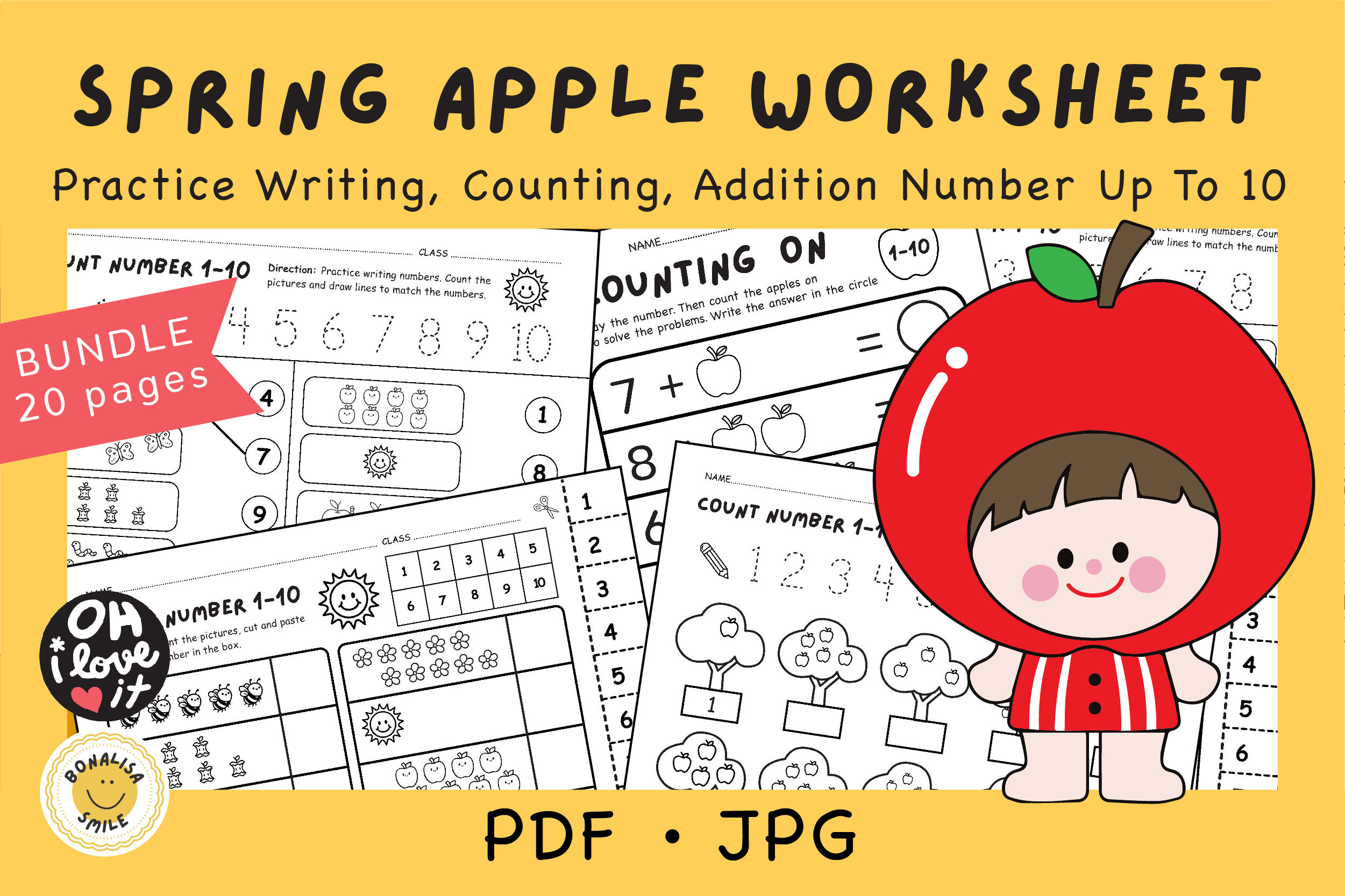 Spring Apple Number Worksheet Bundle