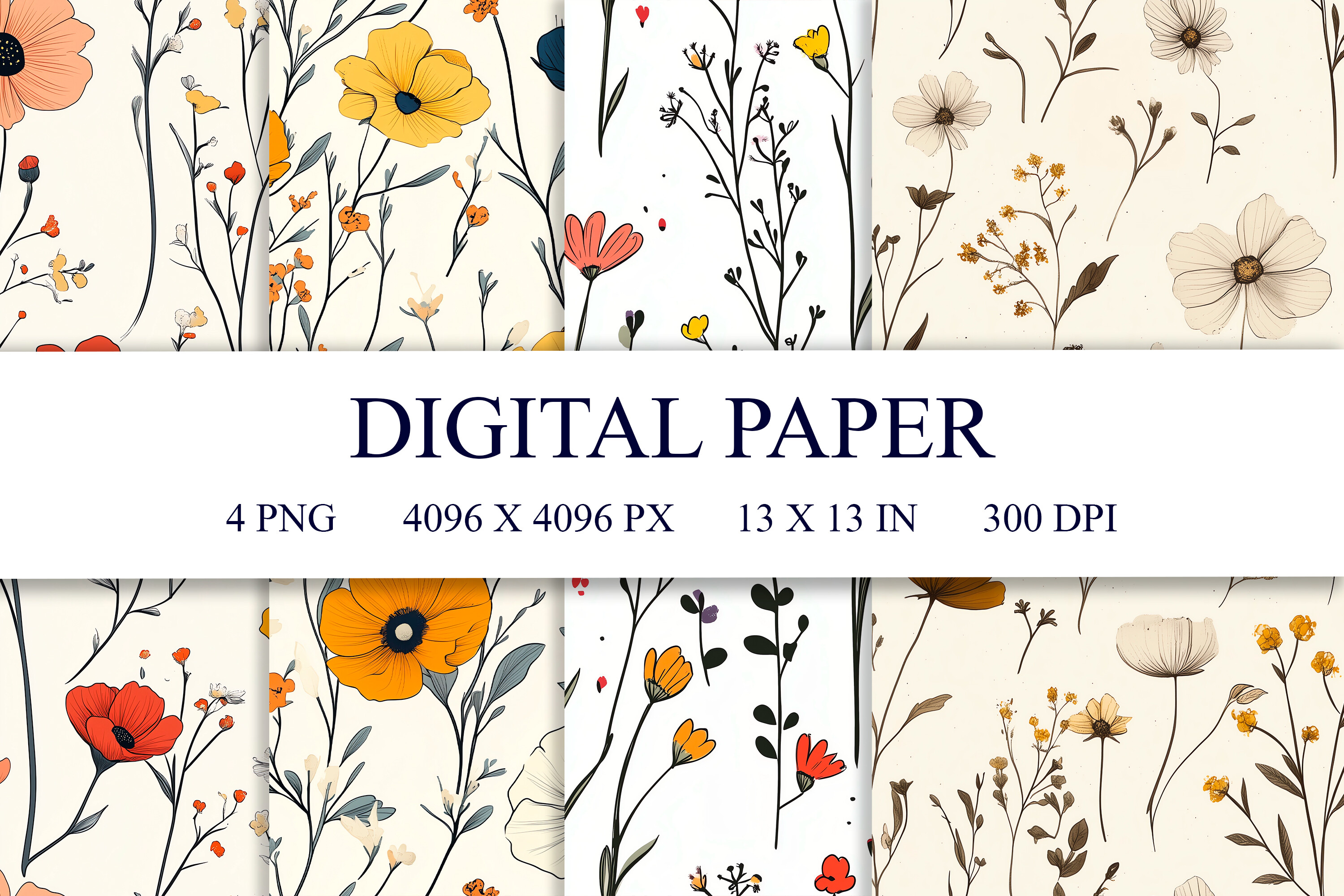 4 Wildflower Seamless Patterns Graphic by MiniBee · Creative Fabrica