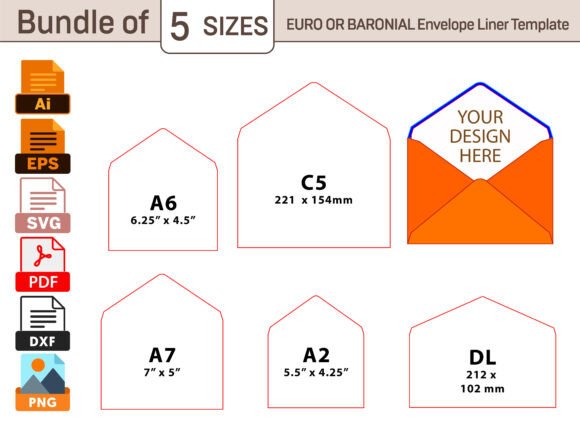 5 Sizes EURO BARONIAL Envelope Template Gráfico Artesanato Por DesignConcept