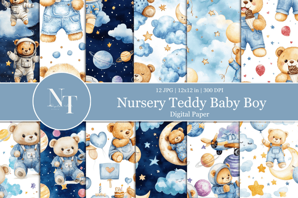 Blue Teddy Bear Baby Boy Digital Paper