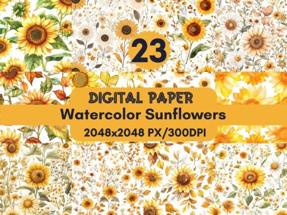 Watercolor Sunflowers Digital Paper Grafika Wzory AI Przez Diana Hunter