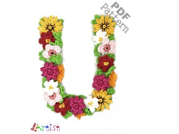 Floral Letter U Crochet Applique Pattern