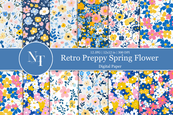 Retro Preppy Spring Floral Digital Paper Graphic by Nam Tiwa · Creative ...