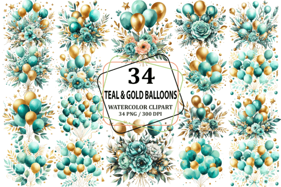 Teal & Gold Balloons Bouquet Clipart PNG Graphic by Pixelique ...