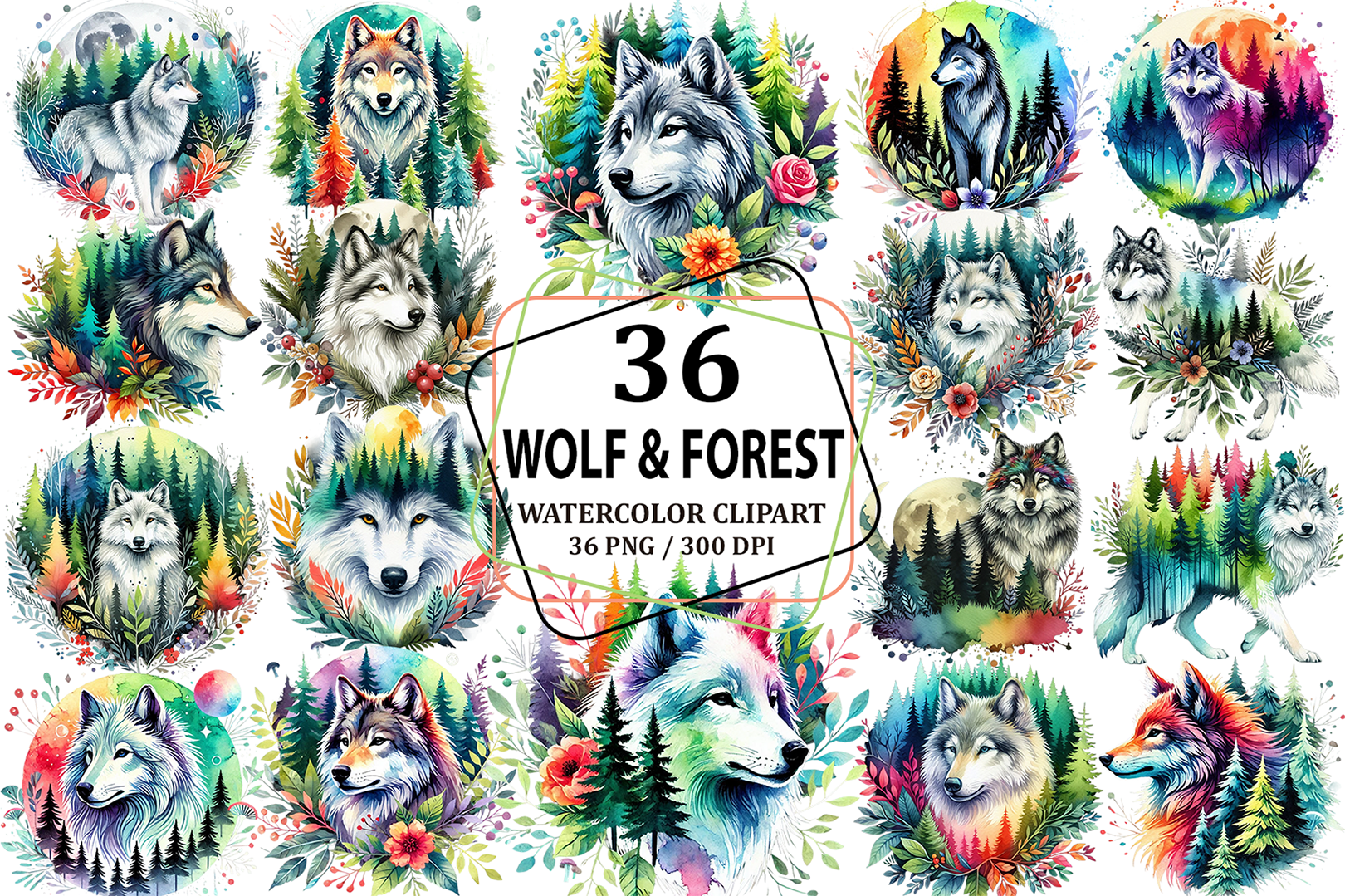 Watercolor Wolf with Forest Clipart PNG Graphic by Pixelique · Creative ...