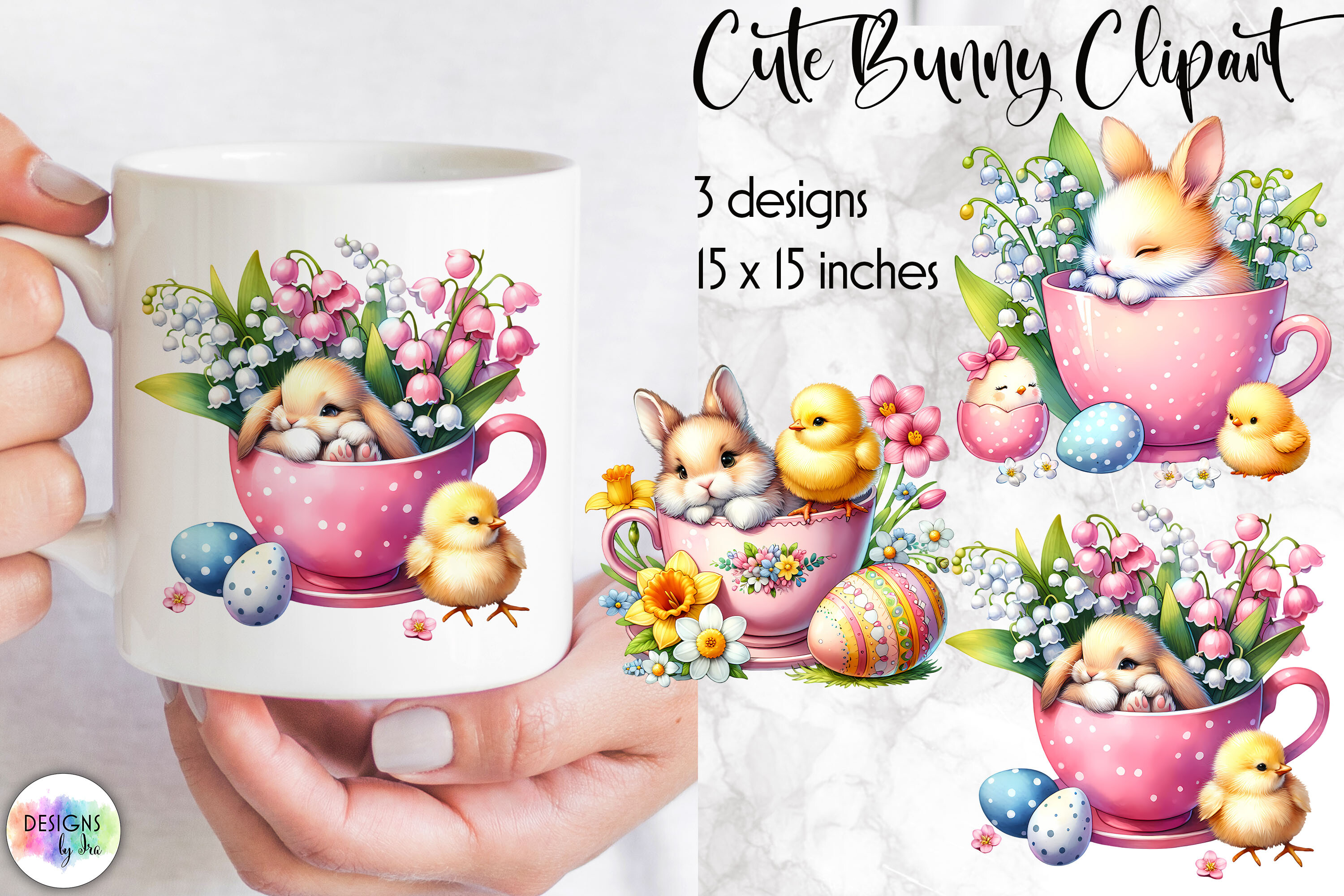 Easter Bunny with Spring Flowers Clipart Graphic by Designs by Ira ...
