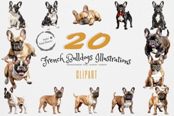 Frenchie love 20 PNG bundle with watercolor poses for sublimation tee shirts