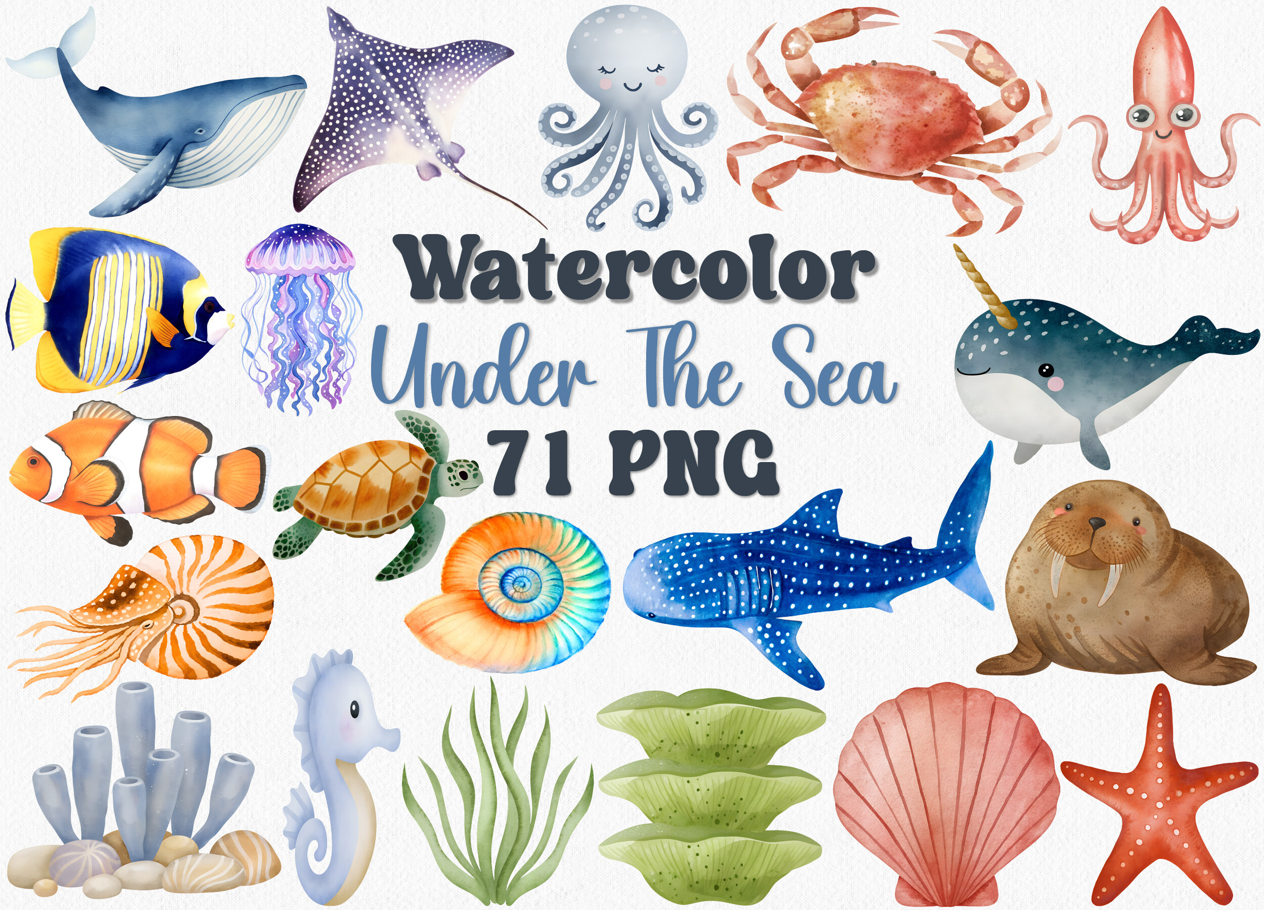 Watercolor Under the Sea Clipart - photo 1
