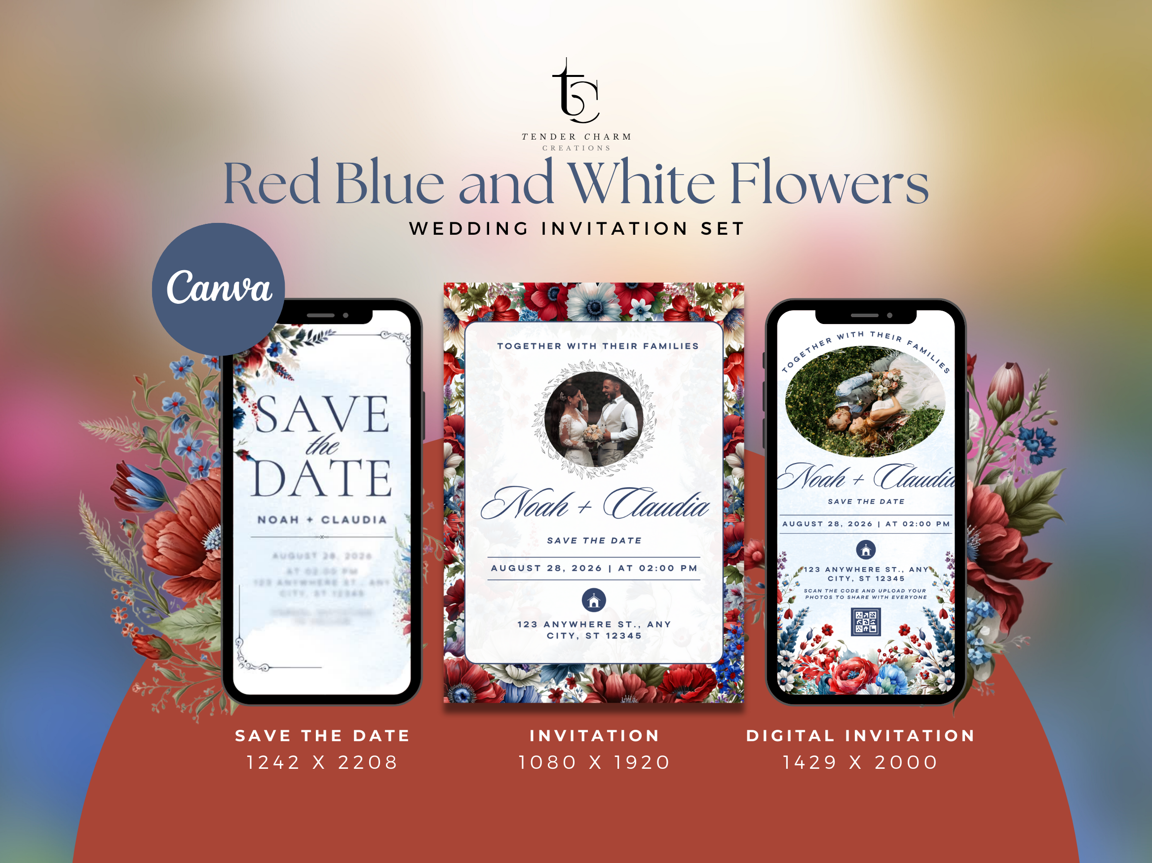 Red Blue White Flower Wedding Invitation
