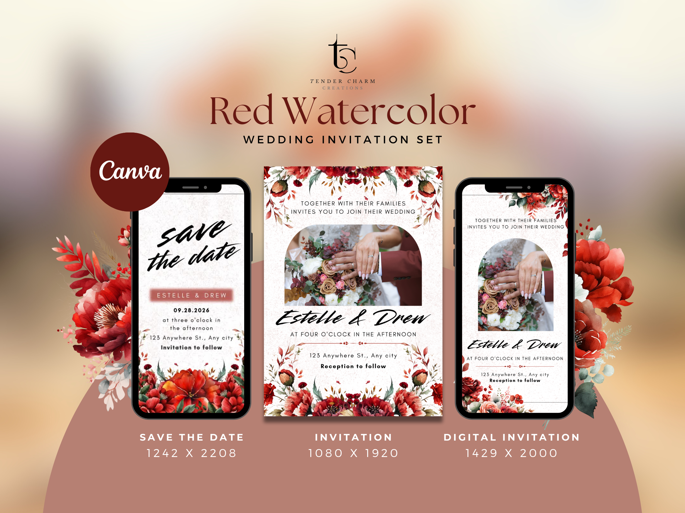 Red Watercolor Wedding Invitation