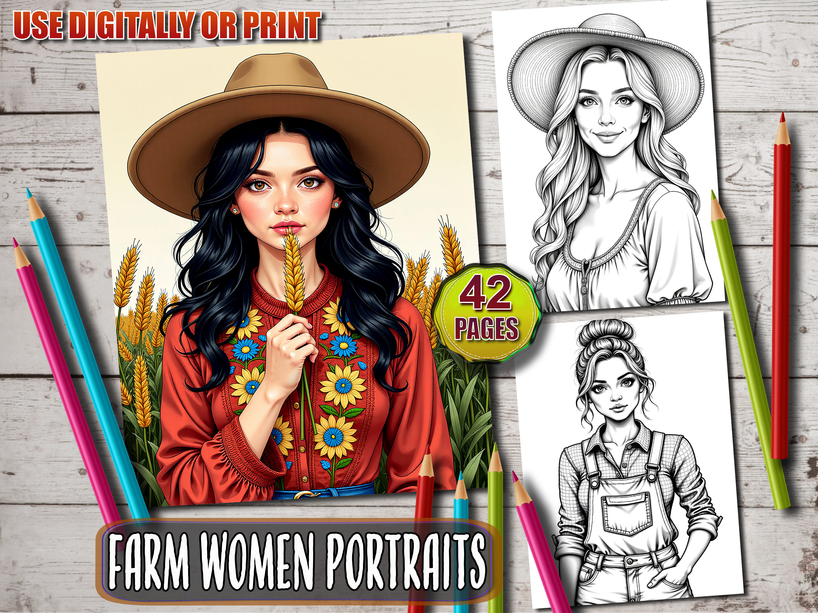 Farm Women Portraits Coloring Pages Graphic by ADCPArt · Creative Fabrica