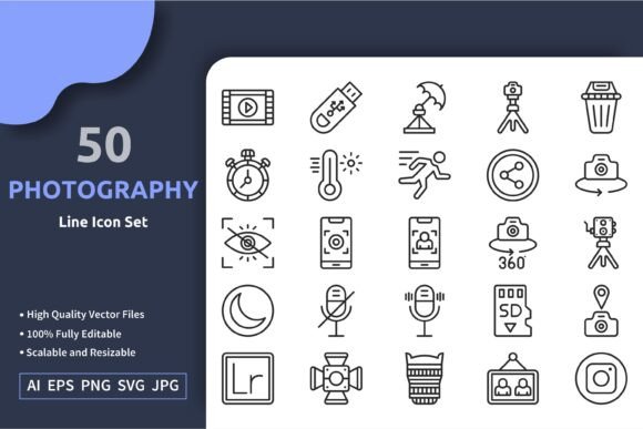 50 Vector Photography Line Icon Set