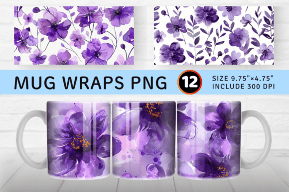 Purple Watercolor Flowers Mug Wrap Subli Graphics