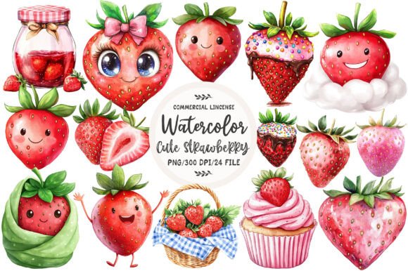Watercolor Cute Strawberry Clipart Graphic by RevolutionCraft ...