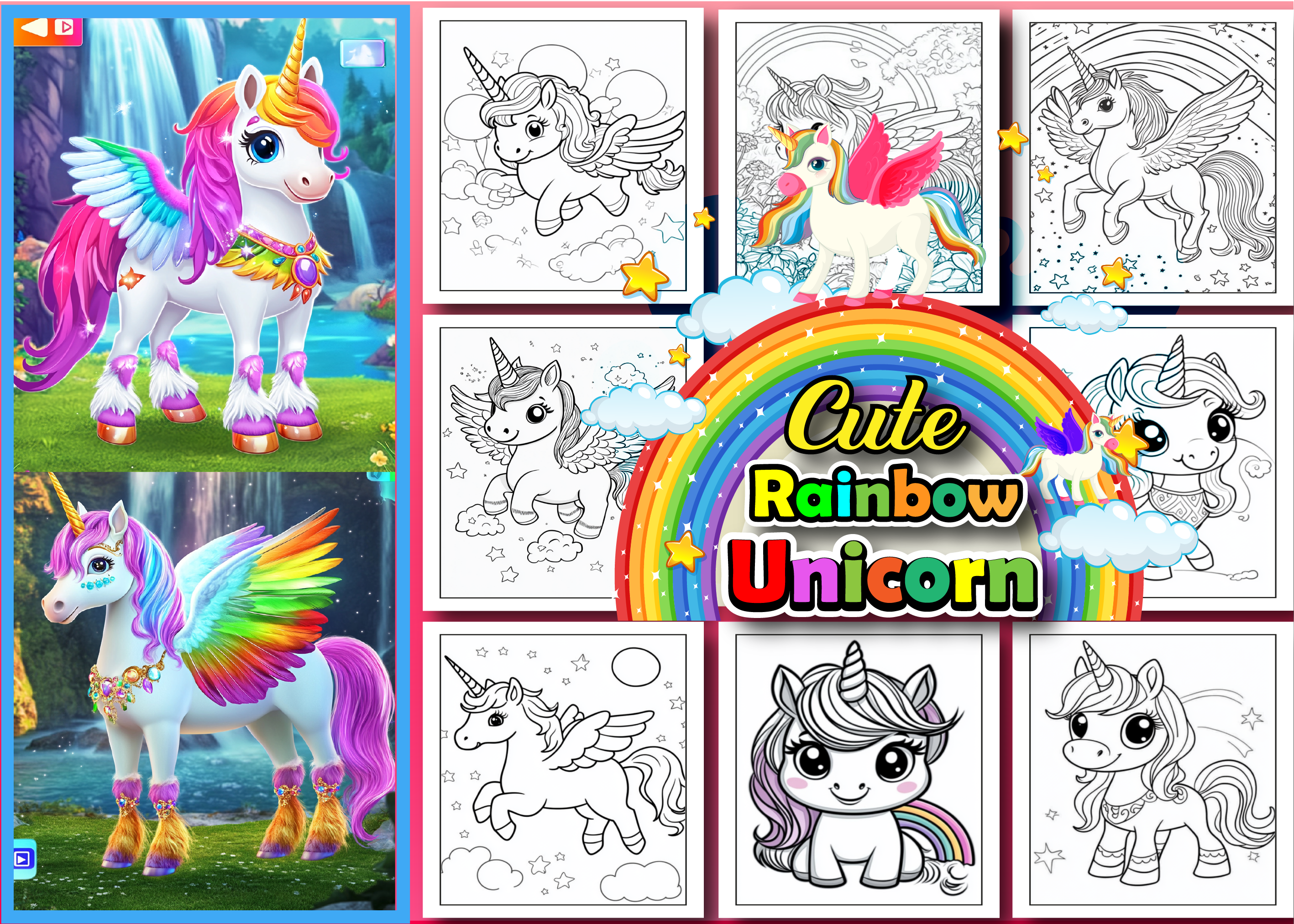 Cute Rainbow Unicorn Kids Coloring Pages