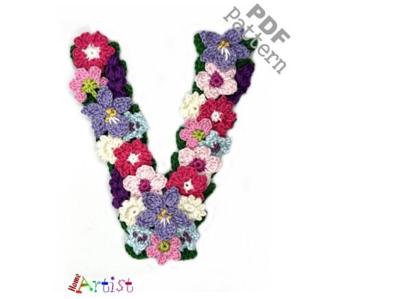 Floral Letter V Crochet Applique Pattern
