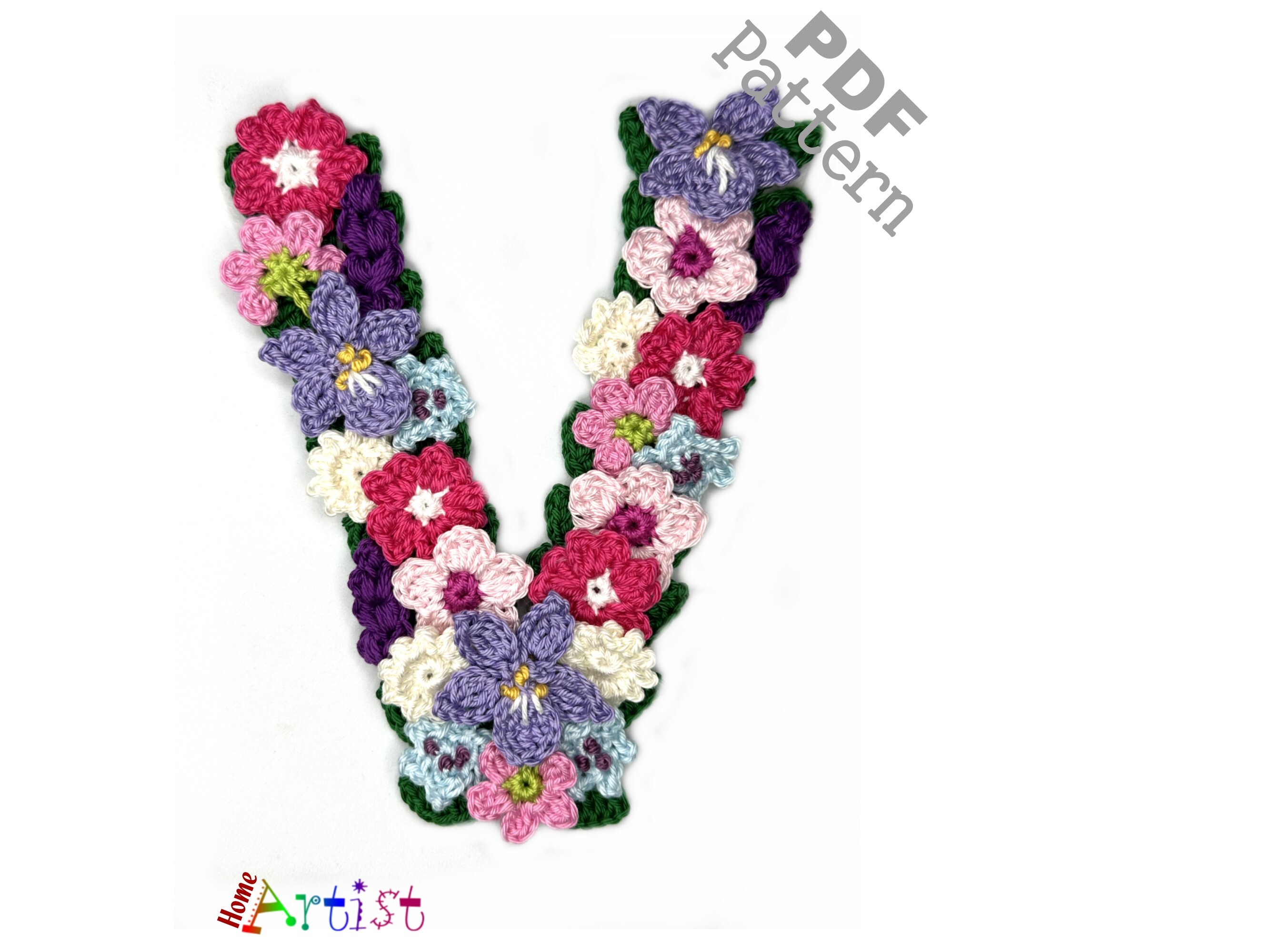 Floral Letter V Crochet Applique Pattern