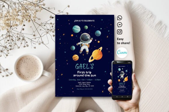 Space first trip birthday invitation with a first trip around the sun theme