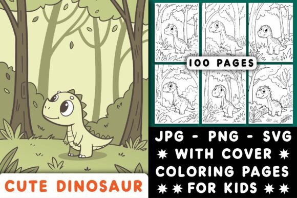 100 Cute Dinosaur Coloring Book for Kids