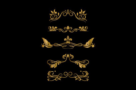 Gold Ornament Set on Black Background of