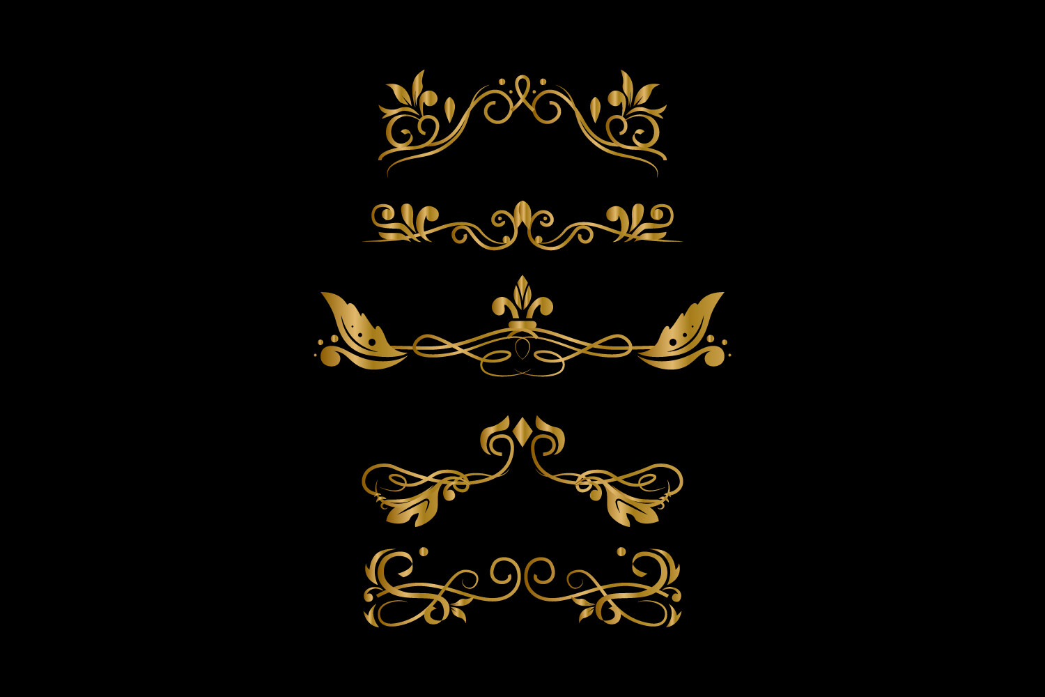 Gold Ornament Set on Black Background of