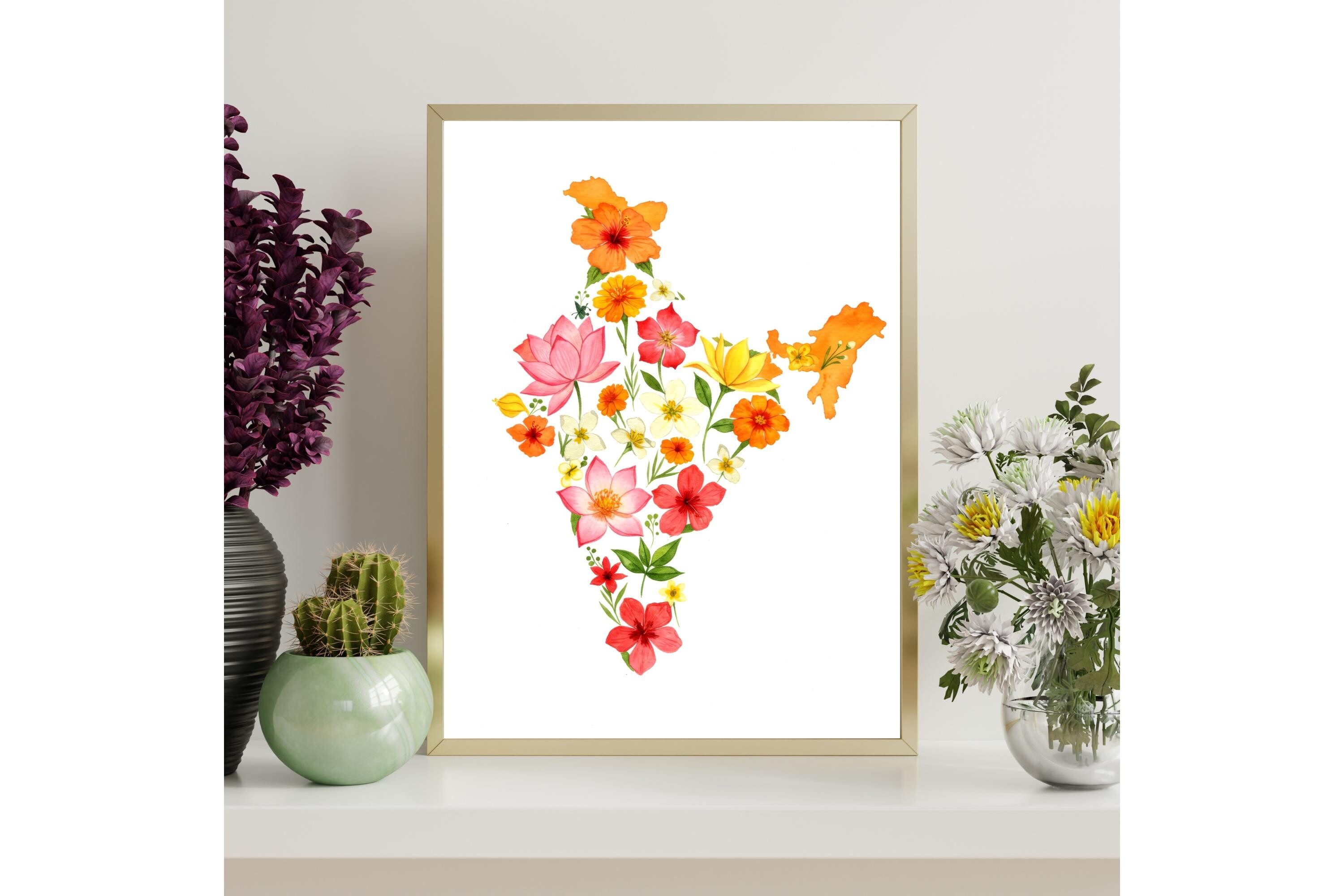 India Floral Map Printable Wall Art