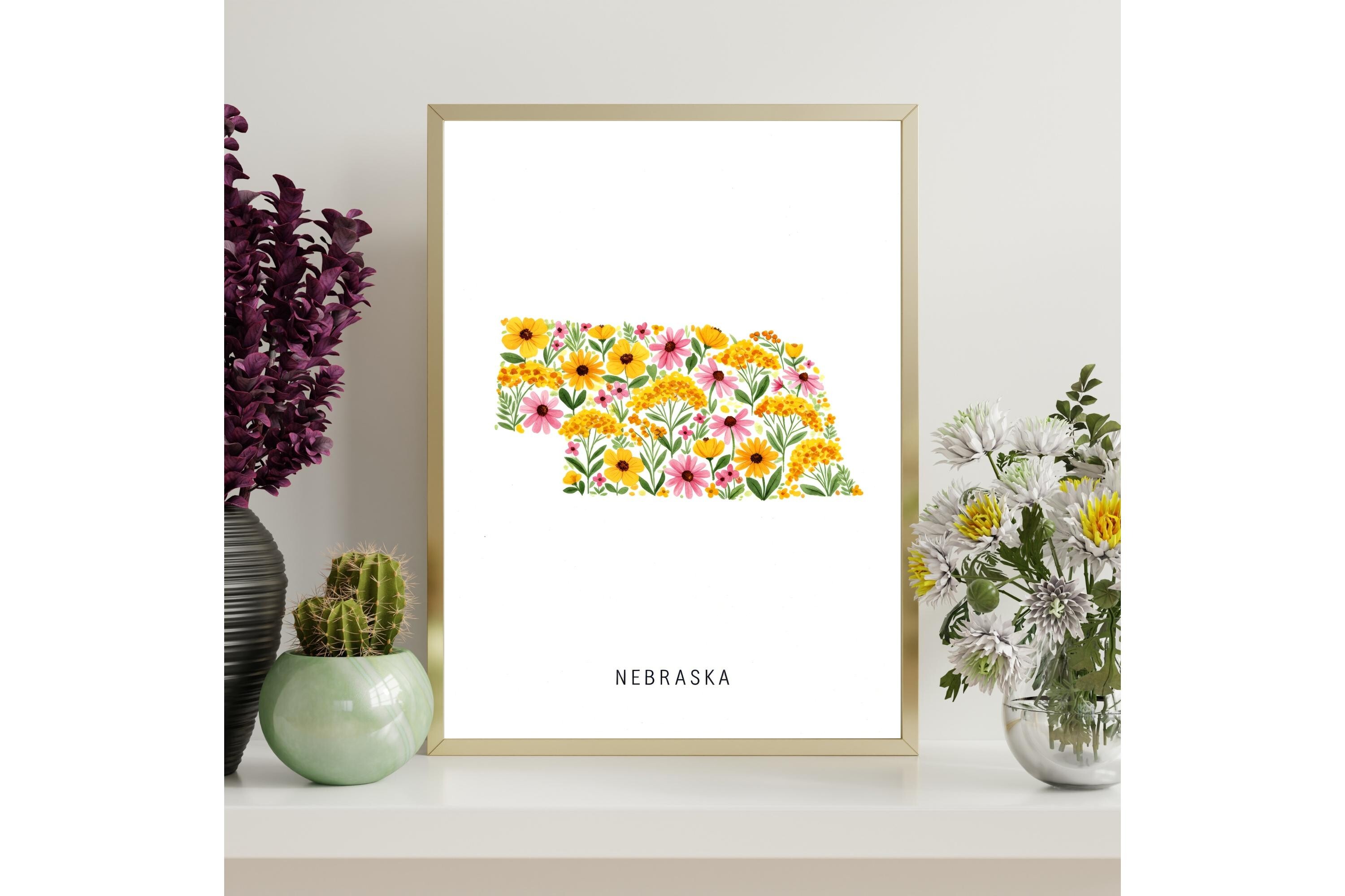 Nebraska Floral Map Wall Art