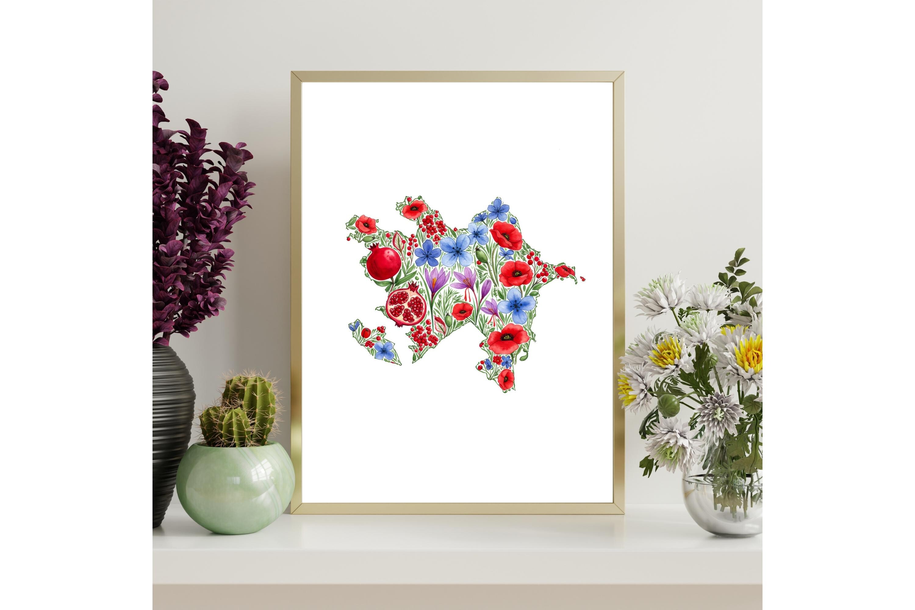 Azerbaijan Country Map Floral Print