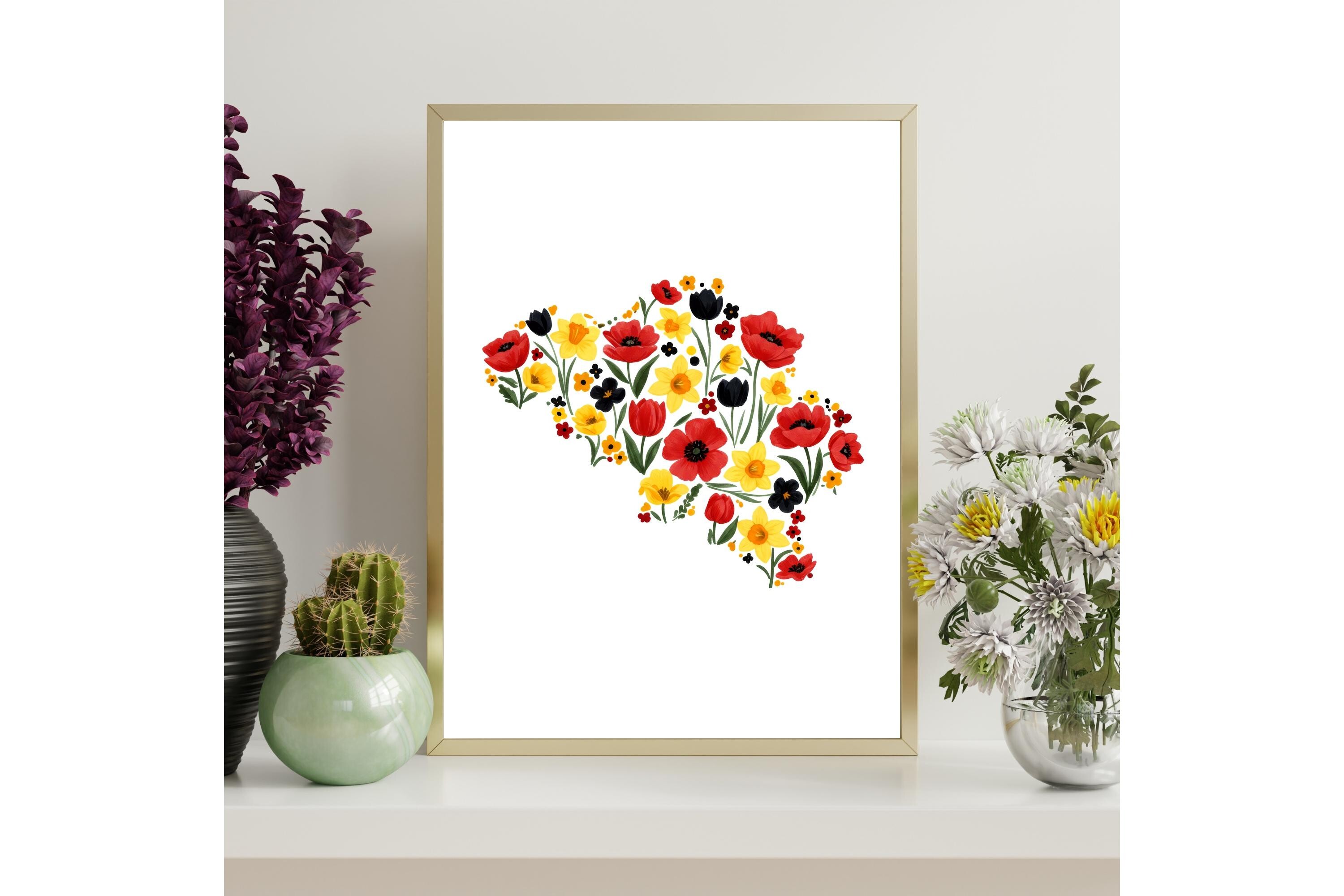 Belgium Country Map Floral Print