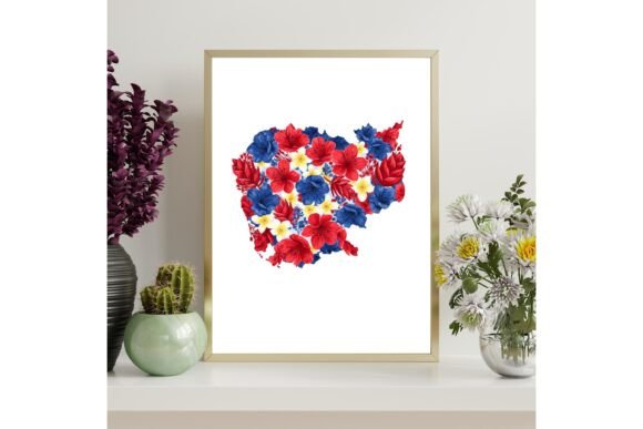 Cambodia Country Map Floral Wall Art