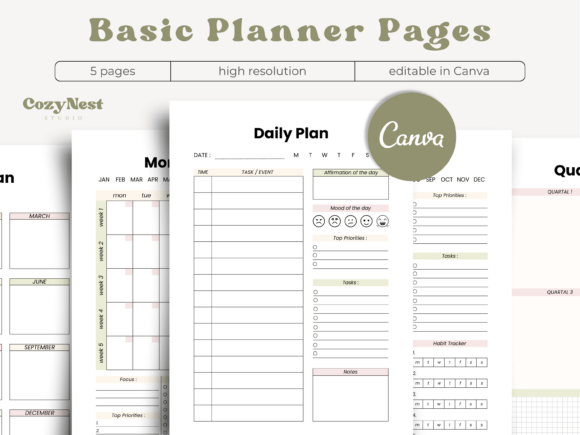 Pastel printable Canva planner template bundle with five planning pages