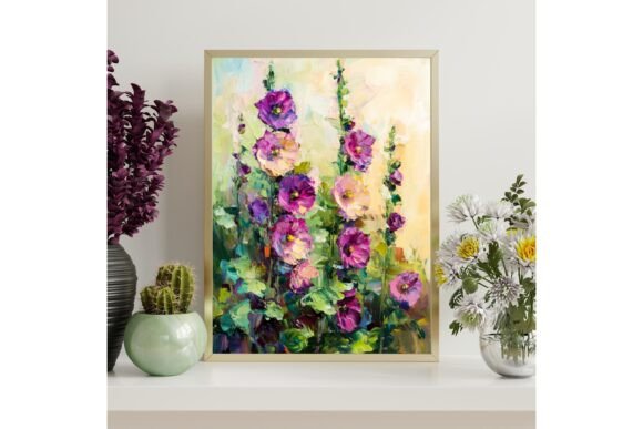 Purple Hollyhock Floral Wall Art Print