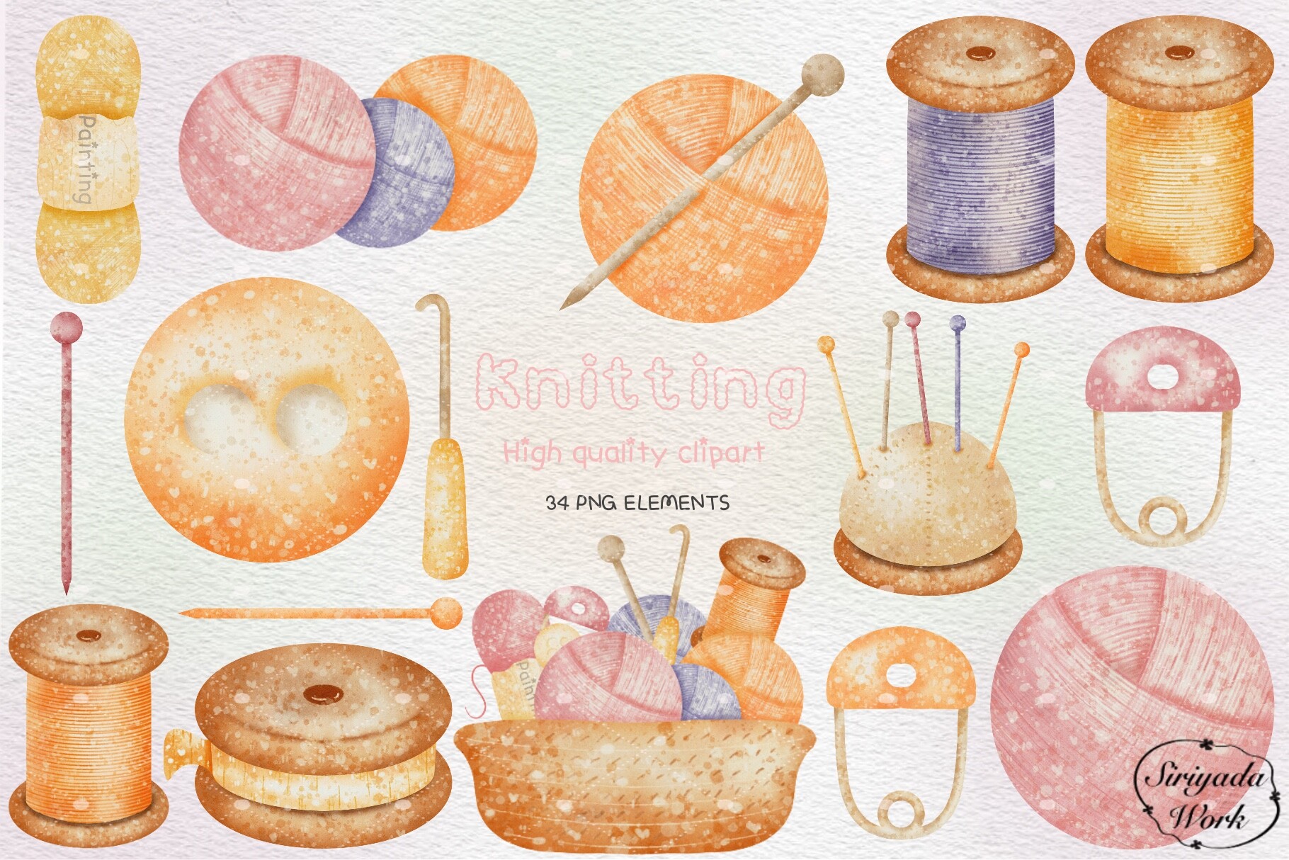 Watercolor Knitting Clipart, Sewing Clip